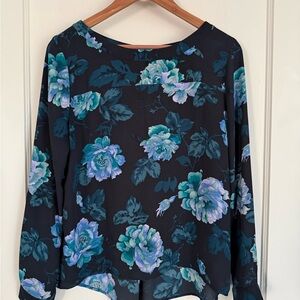 LOFT Navy Long-Sleeve Floral Top with Teal & Blue Roses